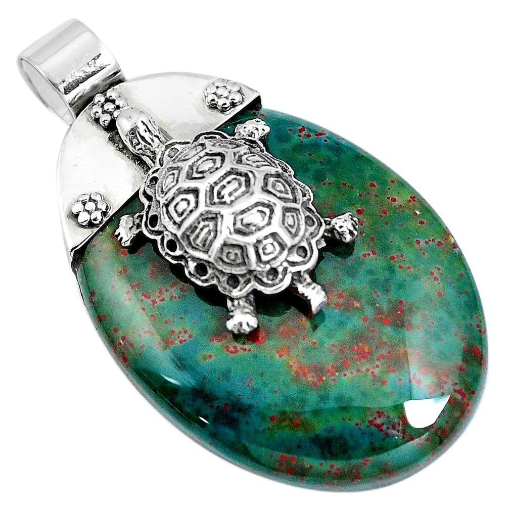 Natural green bloodstone african (heliotrope) 925 silver turtle pendant m76731