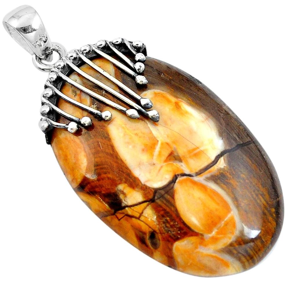 Natural brown peanut petrified wood fossil 925 silver pendant m76805