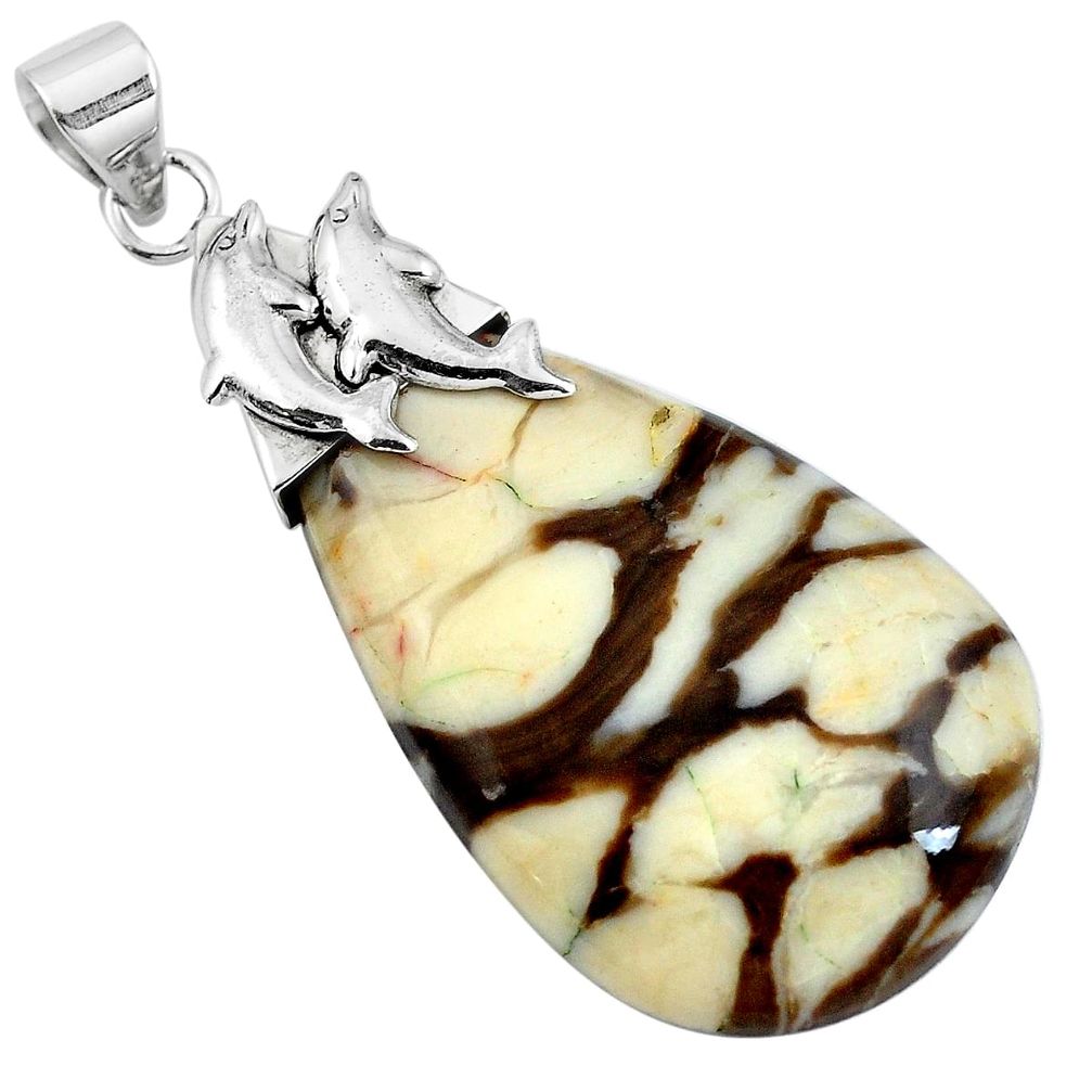 925 silver natural brown peanut petrified wood fossil dolphin pendant m76813