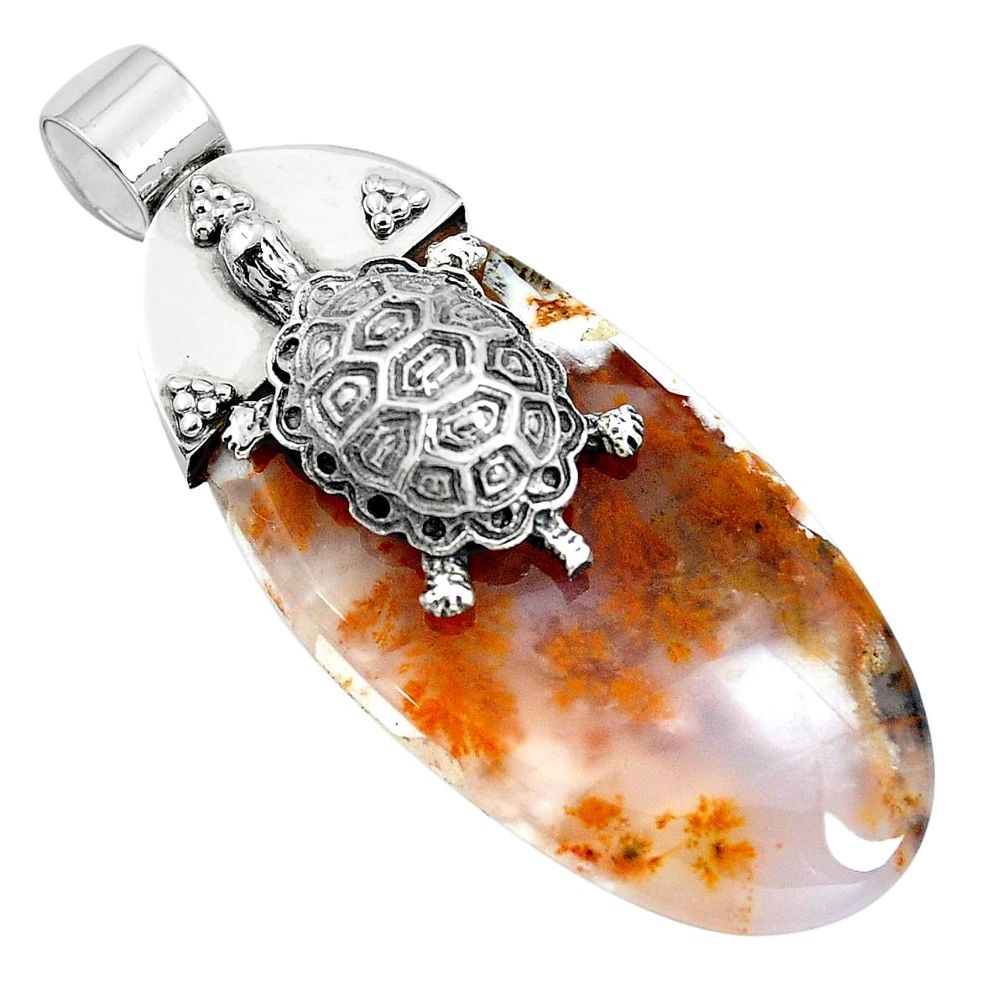 Natural scenic russian dendritic agate 925 silver turtle pendant m76823