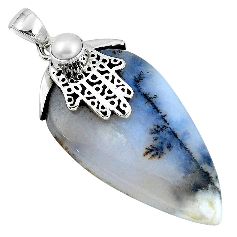 Scenic russian dendritic agate 925 silver hand of god hamsa pendant m76831