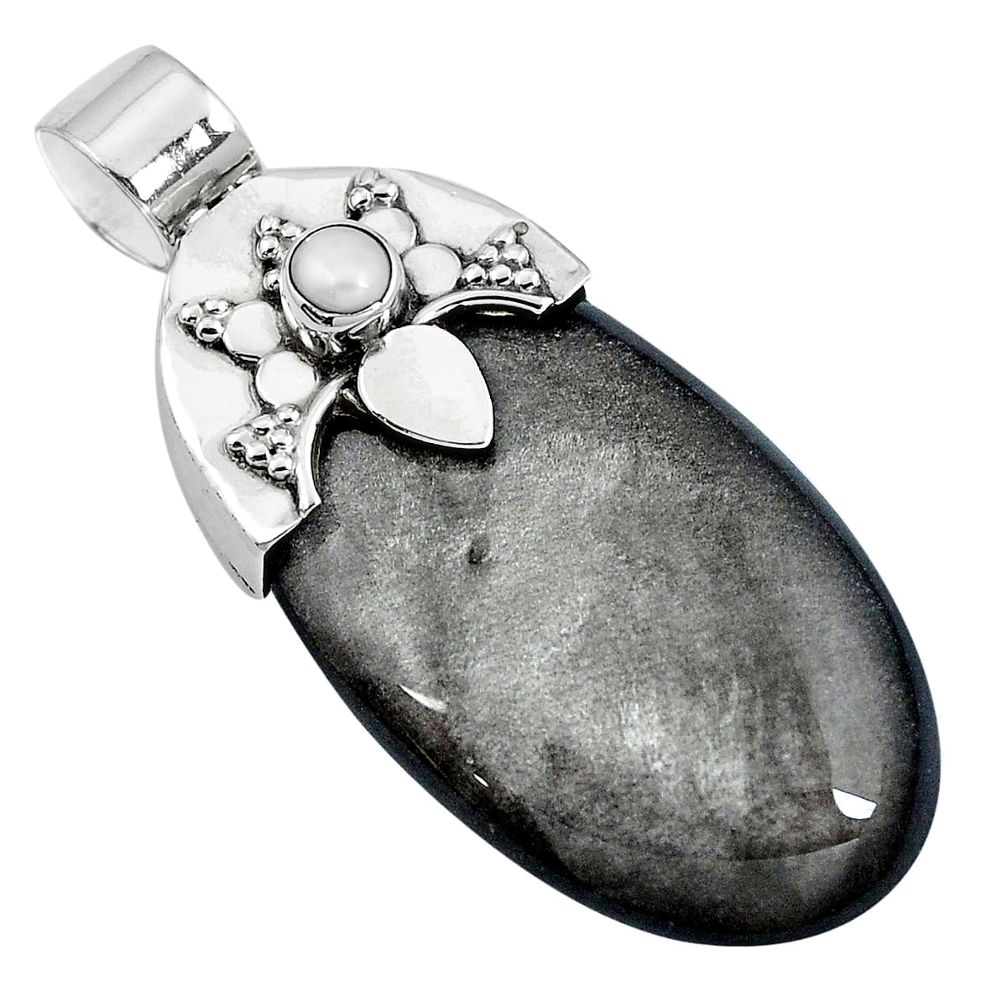 925 silver natural golden sheen black obsidian white pearl pendant m76860