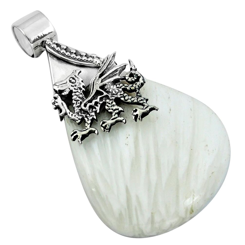 Natural white scolecite high vibration crystal 925 silver dragon pendant m76865