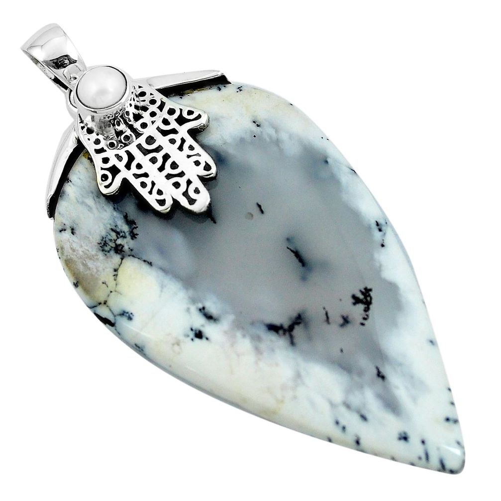 Natural dendrite opal (merlinite) 925 silver hand of god hamsa pendant m76877