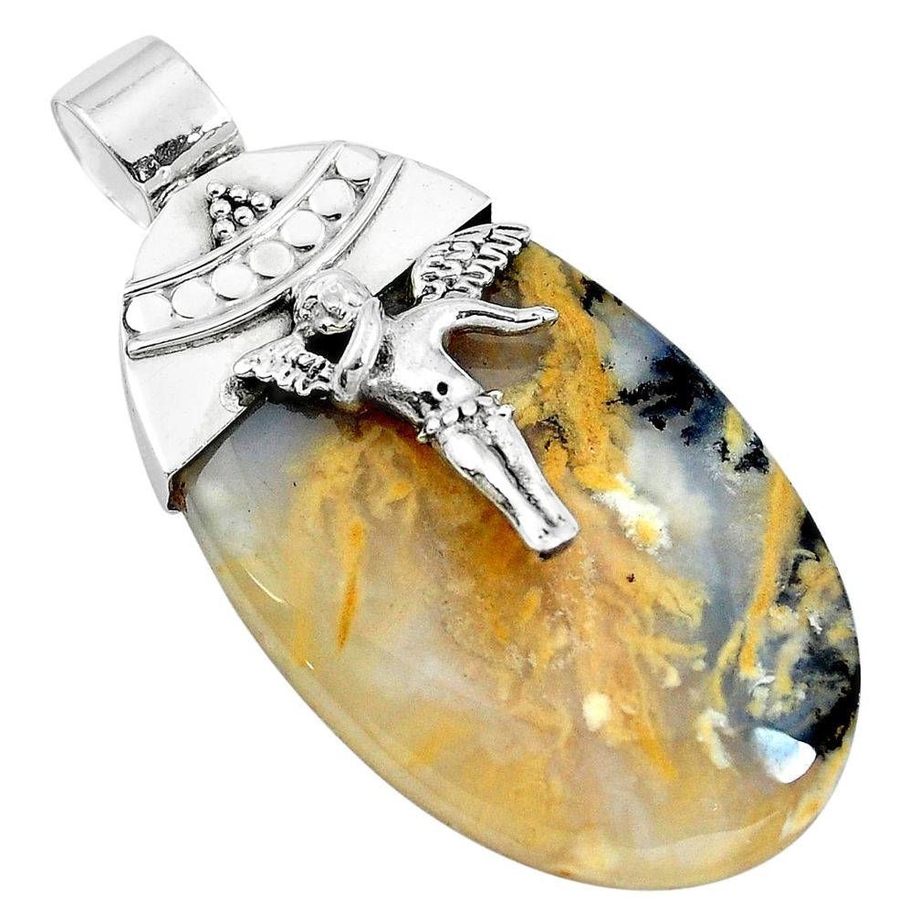 Natural yellow plum agate 925 silver cupid angel wings pendant m76895