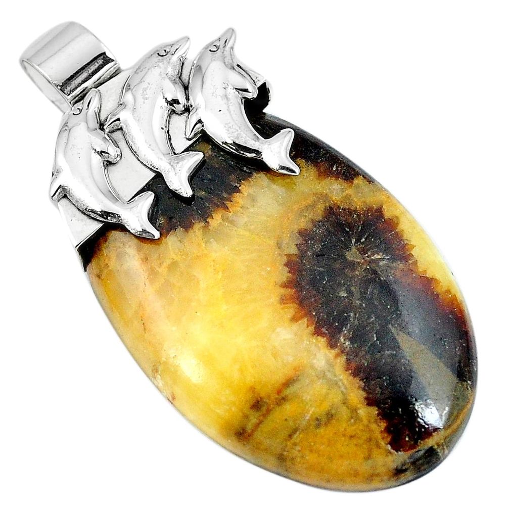 Natural black septarian gonads 925 silver dolphin pendant jewelry m76935