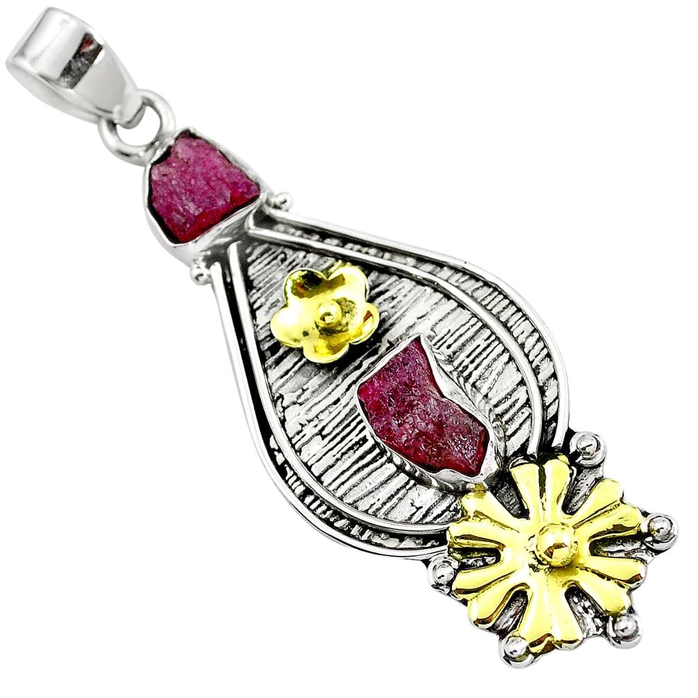 Natural red garnet rough 925 sterling silver two tone pendant m77332