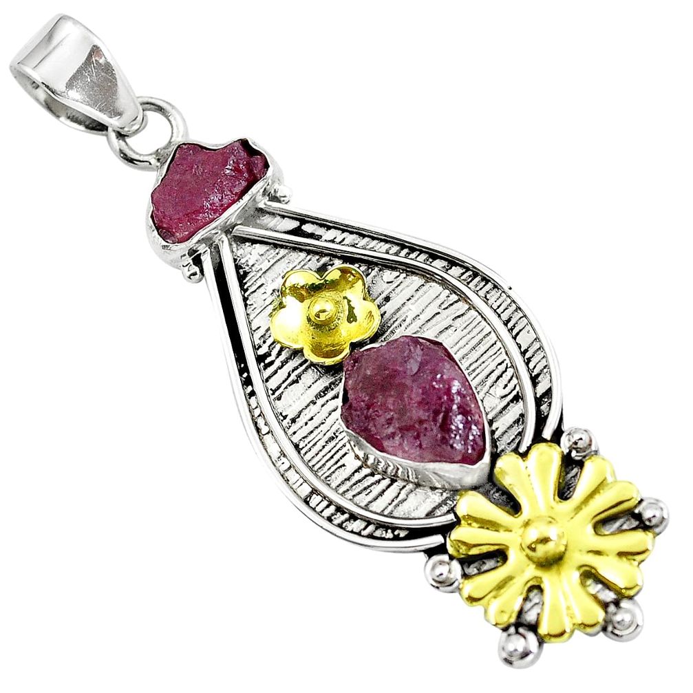 Natural red garnet rough 925 sterling silver two tone pendant m77333