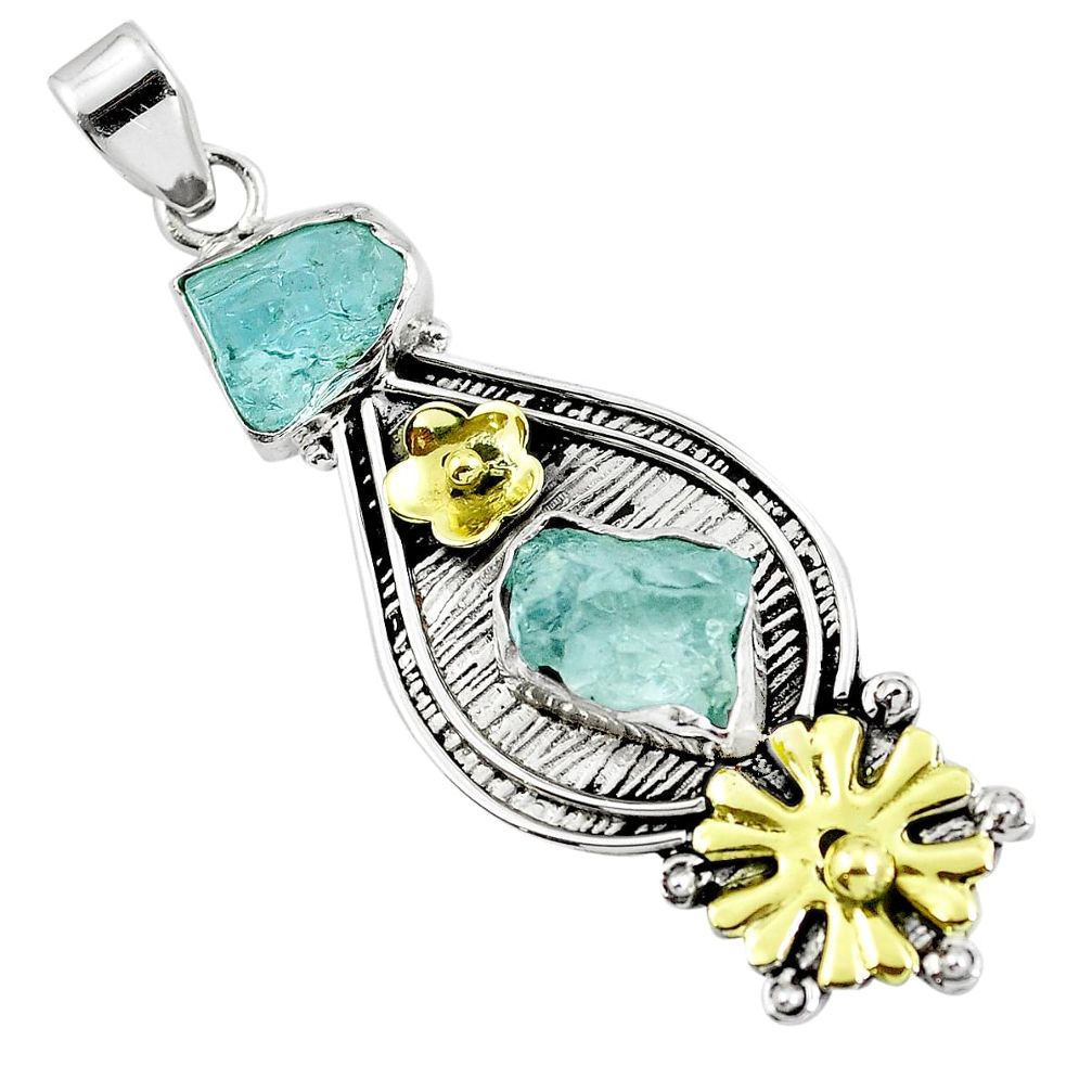 Natural aqua aquamarine rough 925 silver two tone pendant m77336