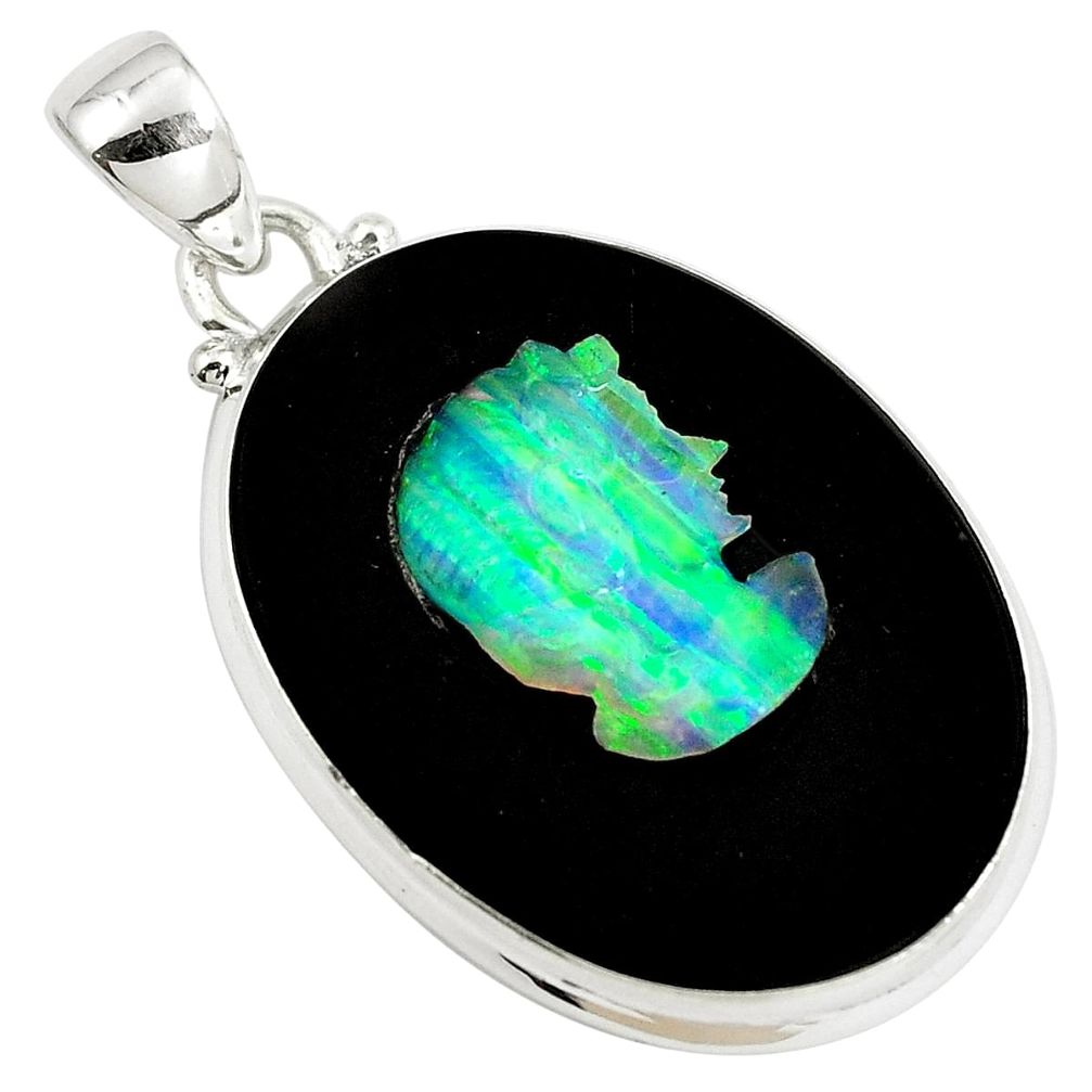 Natural black cameo opal on onyx 925 sterling silver pendant m78125