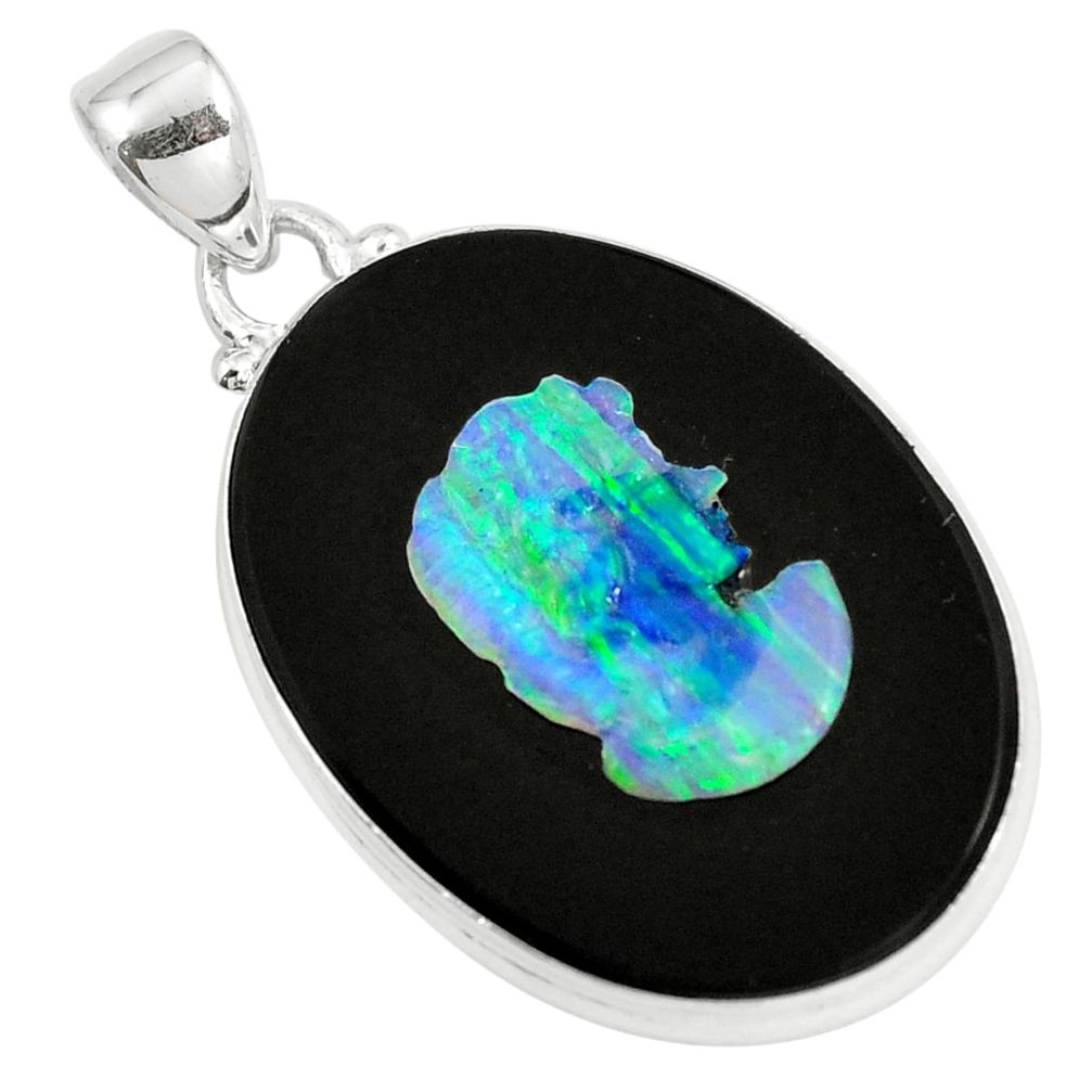 Natural black cameo opal on onyx 925 sterling silver pendant m78128