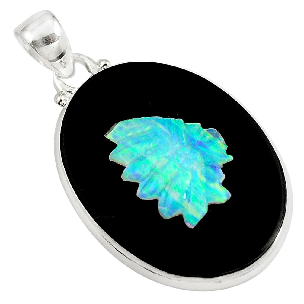 Natural black cameo opal on onyx 925 sterling silver pendant m78132