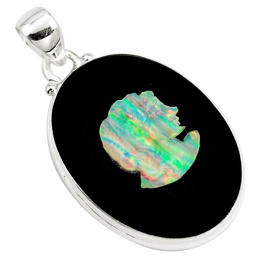 Natural black cameo opal on onyx 925 sterling silver pendant m78135