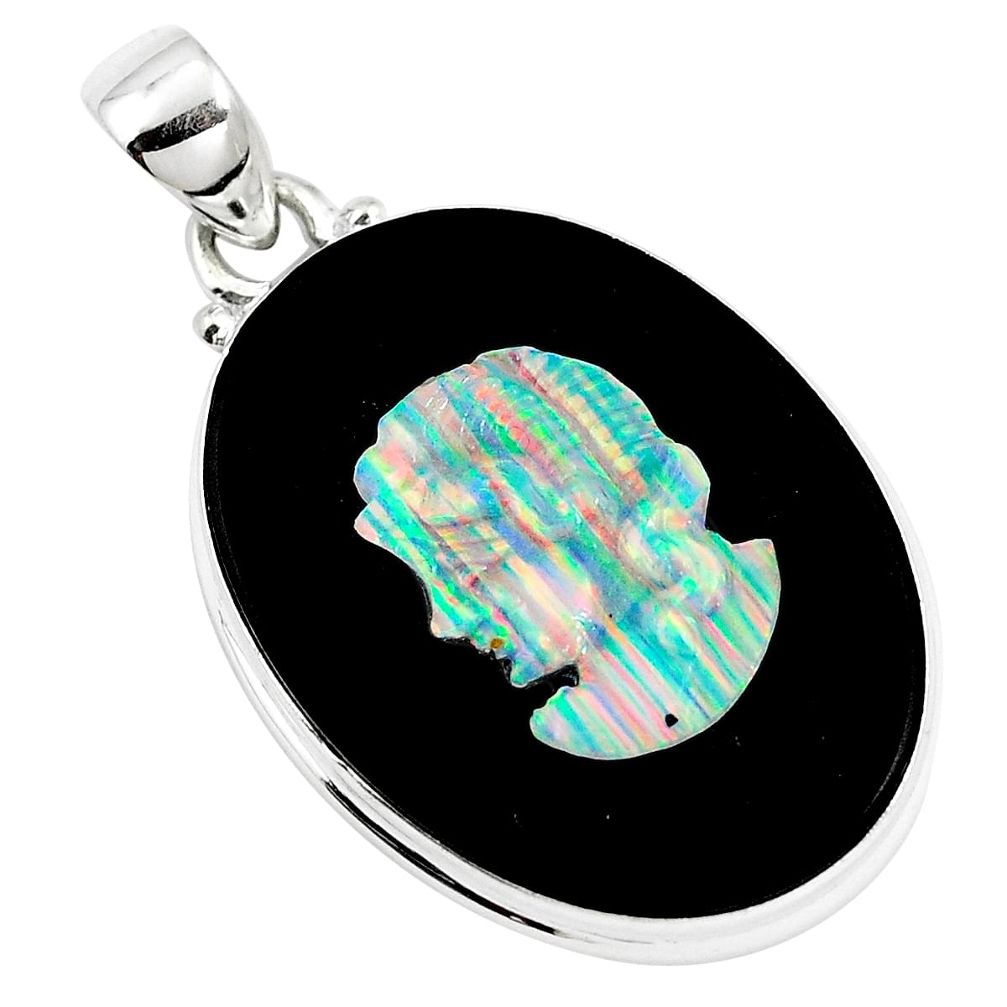 Natural black cameo opal on onyx 925 sterling silver pendant m78138