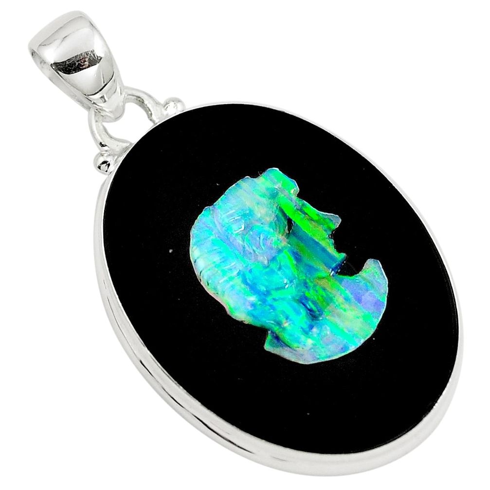 Natural black cameo opal on onyx 925 sterling silver pendant m78140