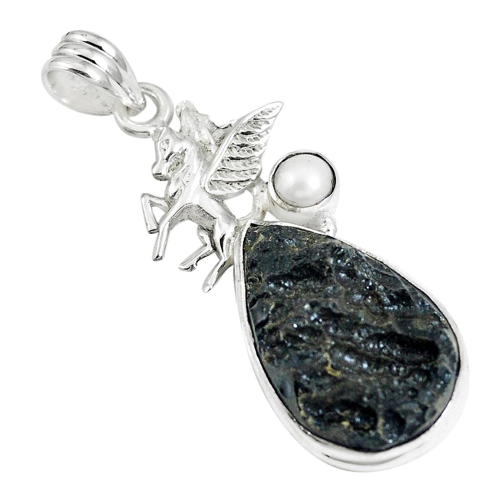 Natural black tektite pearl 925 sterling silver horse pendant m78182