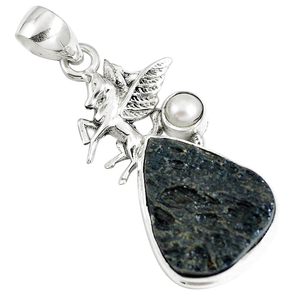 Natural black tektite white pearl 925 sterling silver horse pendant m78193