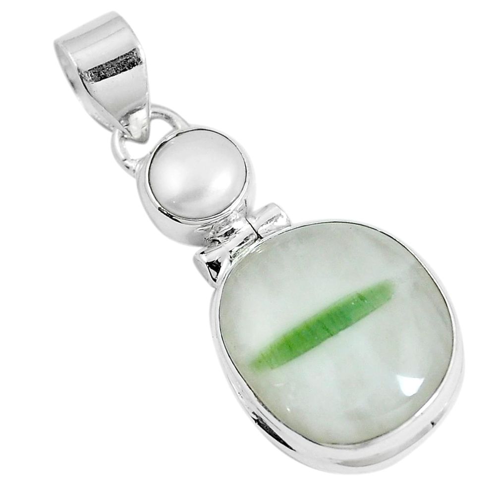 Natural green tourmaline in quartz pearl 925 silver pendant m78379