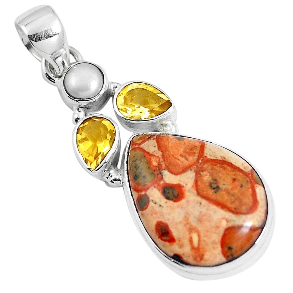 Natural yellow fossil stone citrine 925 sterling silver pendant m78521