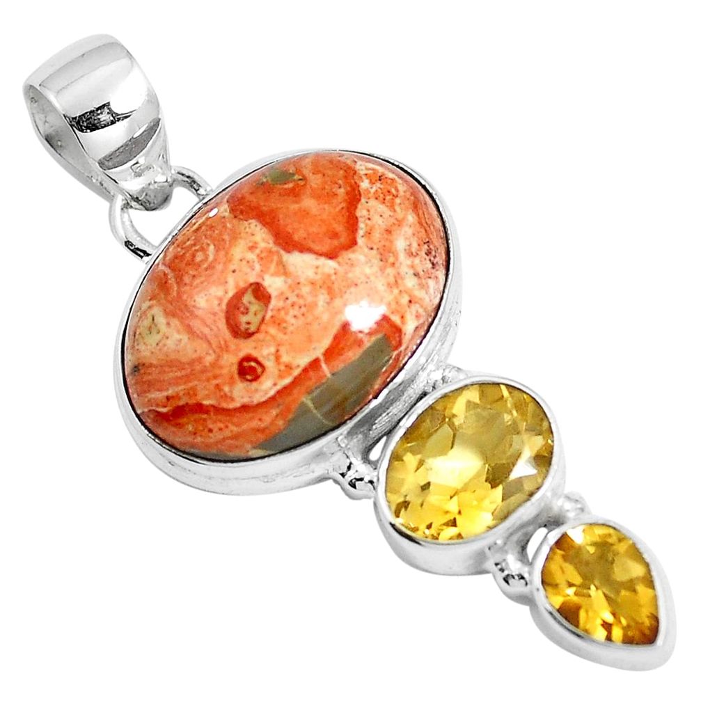 Natural yellow fossil stone citrine 925 sterling silver pendant m78522