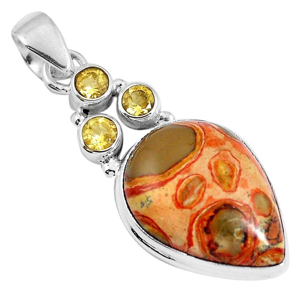 Natural yellow fossil stone citrine 925 sterling silver pendant m78523