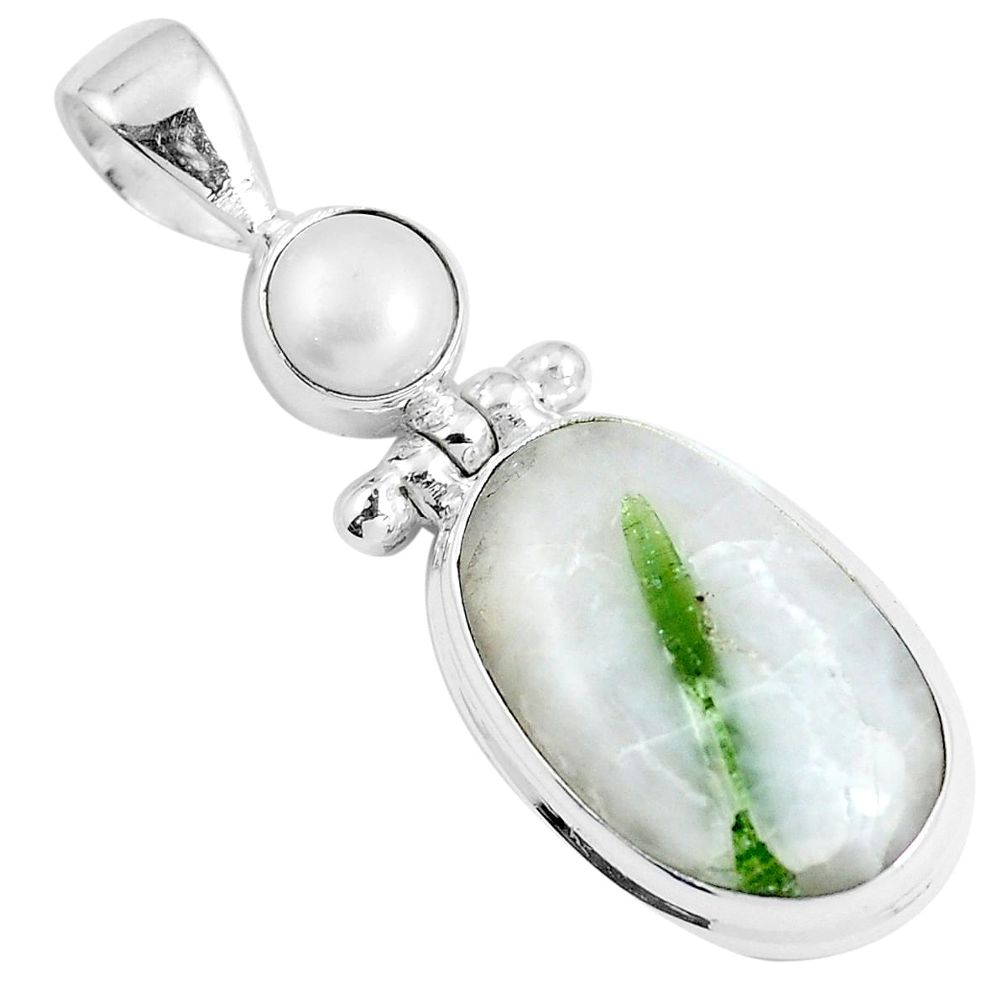 Natural green tourmaline in quartz pearl 925 silver pendant m78536