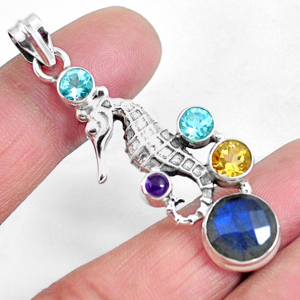 Natural blue labradorite citrine 925 silver seahorse pendant jewelry m78562