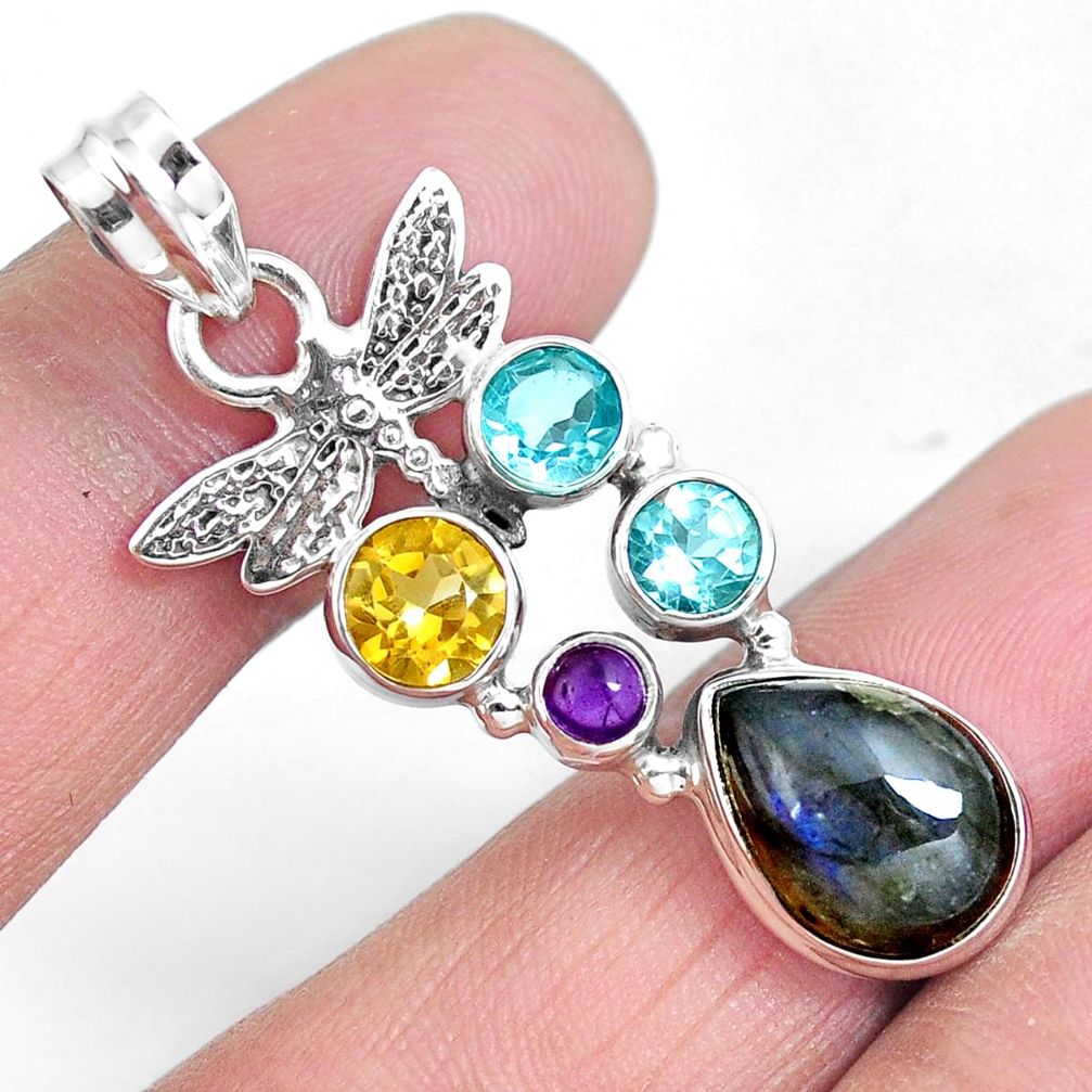 Natural blue labradorite citrine 925 silver butterfly pendant m78576