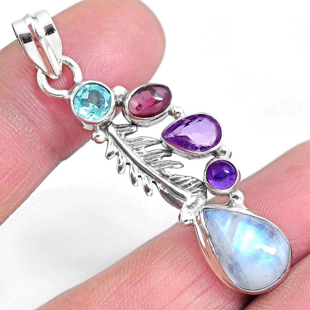 Natural rainbow moonstone amethyst 925 sterling silver pendant m78599