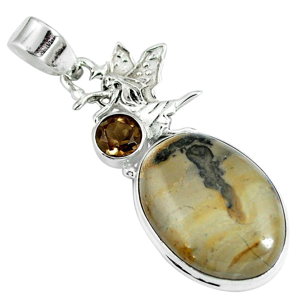 Natural brown cotham landscape marble 925 silver angel pendant m78806