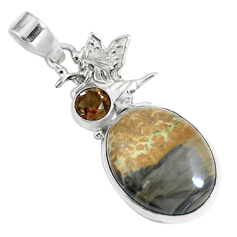 Natural brown cotham landscape marble 925 silver angel pendant m78807