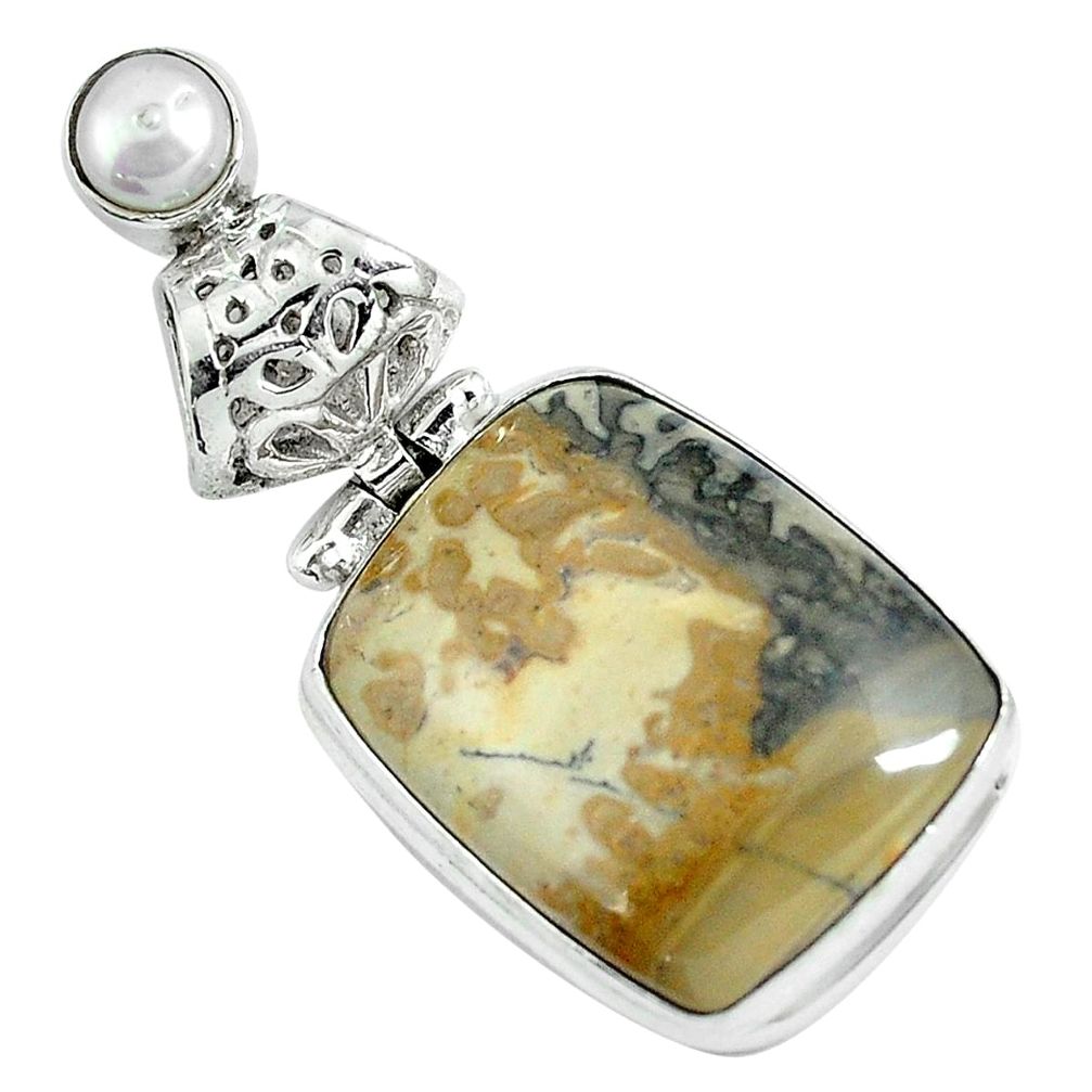 Natural brown cotham landscape marble pearl 925 silver pendant m78846