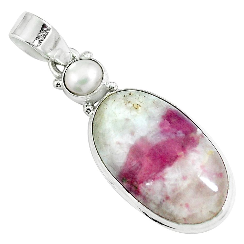 Natural pink tourmaline in quartz pearl 925 silver pendant m78848