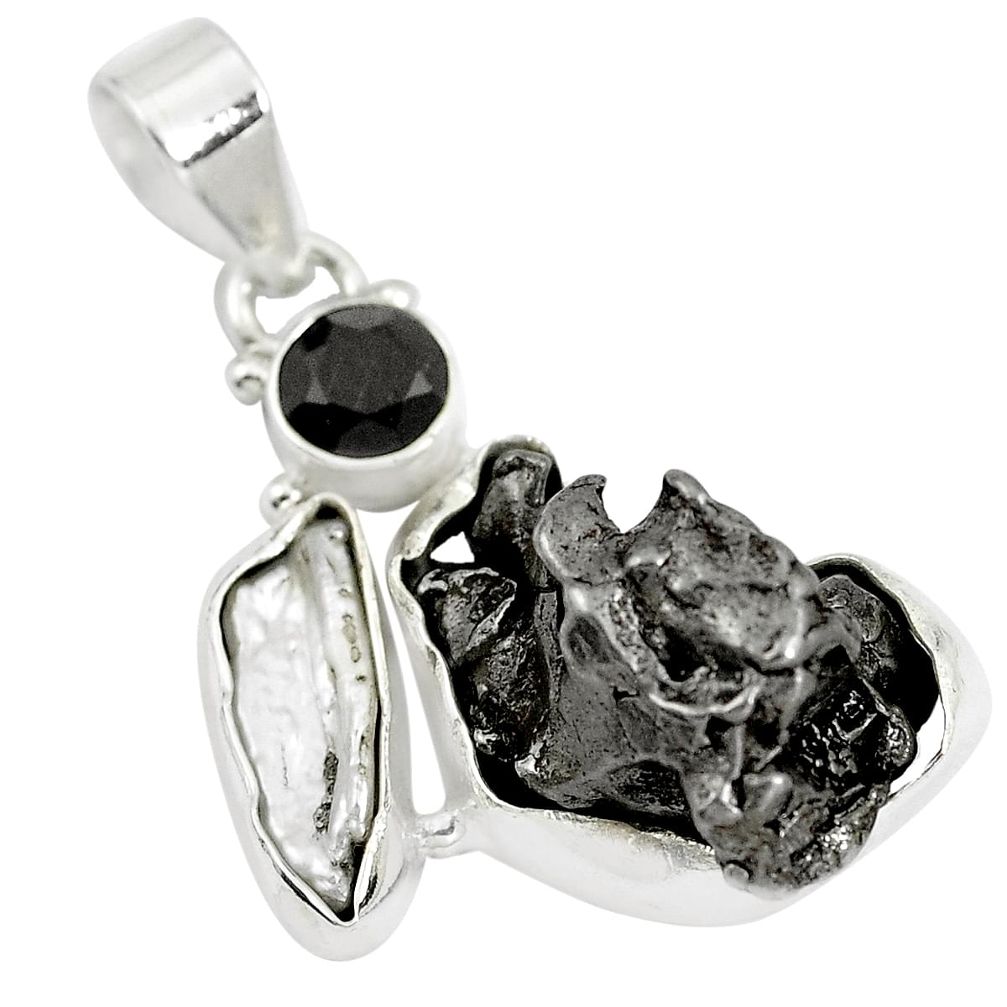 Natural grey meteorite gibeon onyx 925 sterling silver pendant m79222