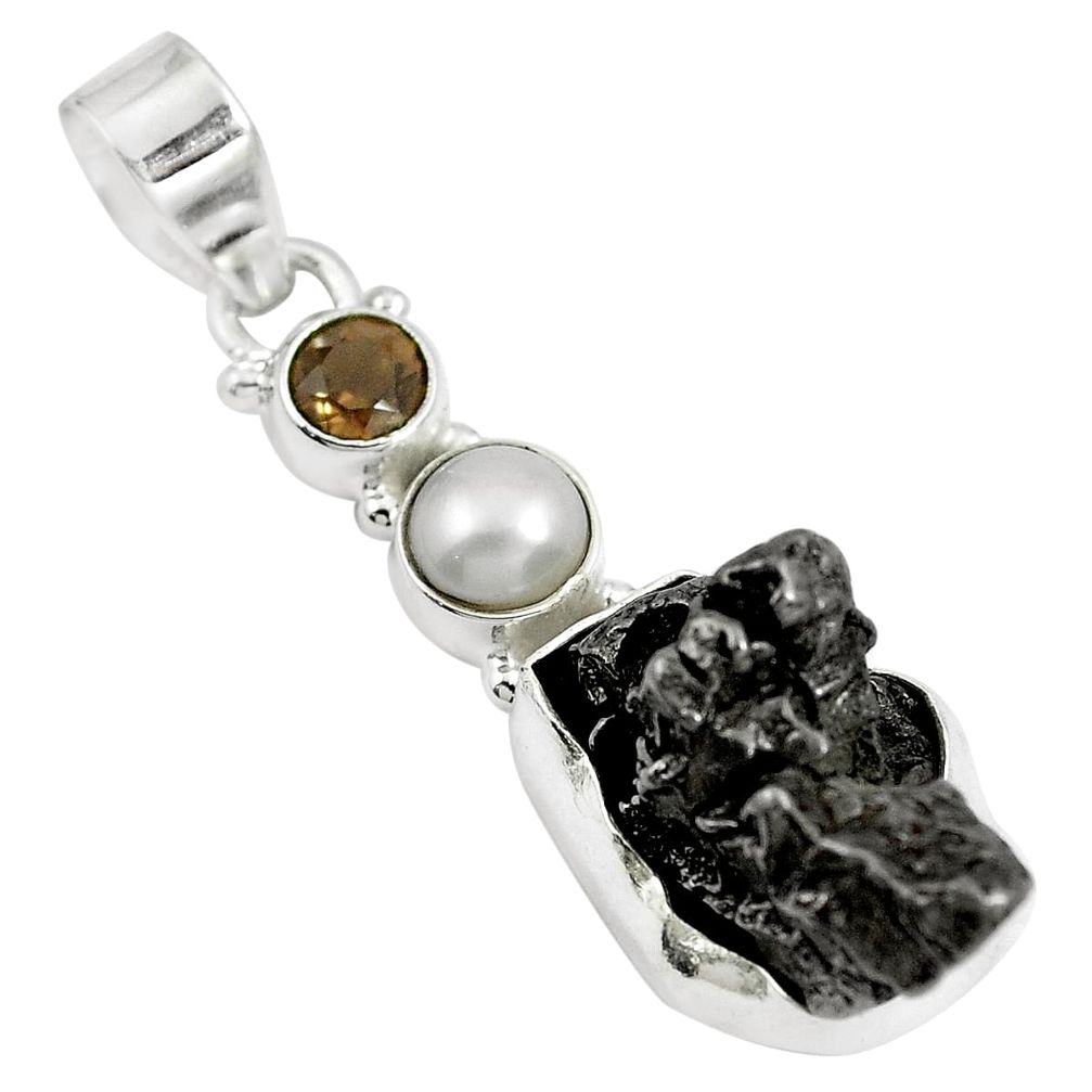 Natural grey meteorite gibeon smoky topaz pearl 925 silver pendant m79226