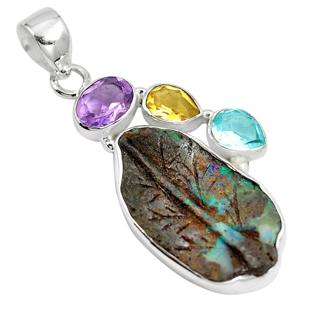 Natural brown boulder opal carving amethyst 925 silver pendant m79242