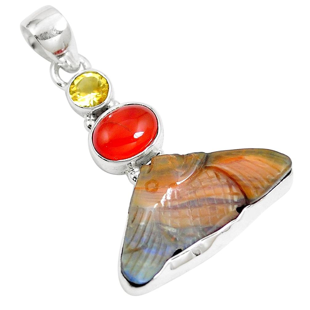 Natural boulder opal carving cornelian (carnelian) 925 silver pendant m79248