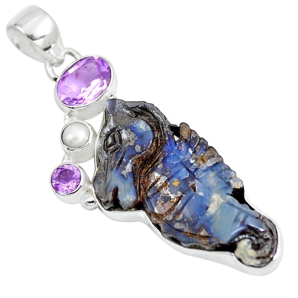 Natural brown boulder opal carving amethyst 925 silver pendant m79250