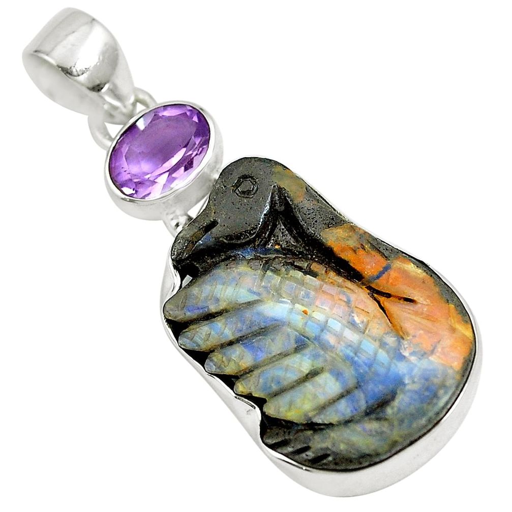 Natural brown boulder opal carving amethyst 925 silver pendant m79256