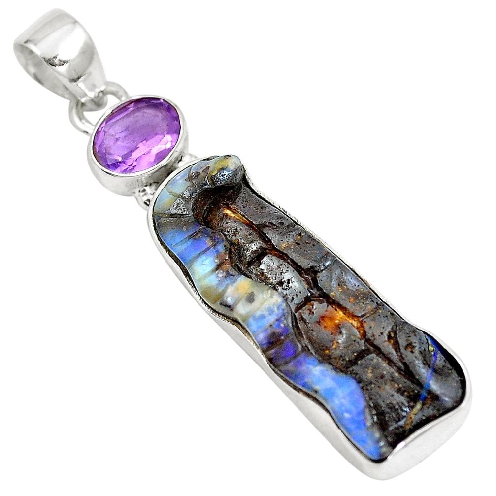 Natural brown boulder opal carving amethyst 925 silver pendant m79257