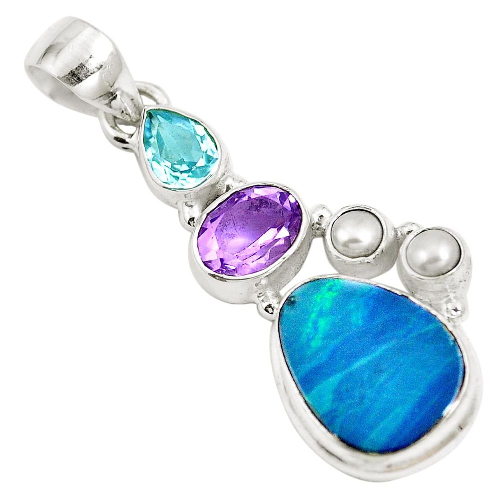 Natural blue doublet opal australian amethyst 925 silver pendant m79317