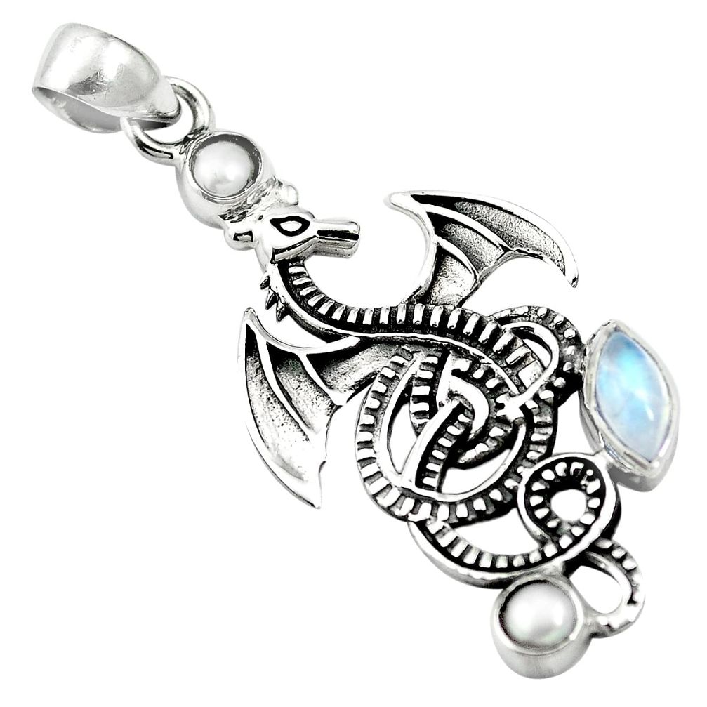 Natural rainbow moonstone pearl 925 silver dragon pendant m79341