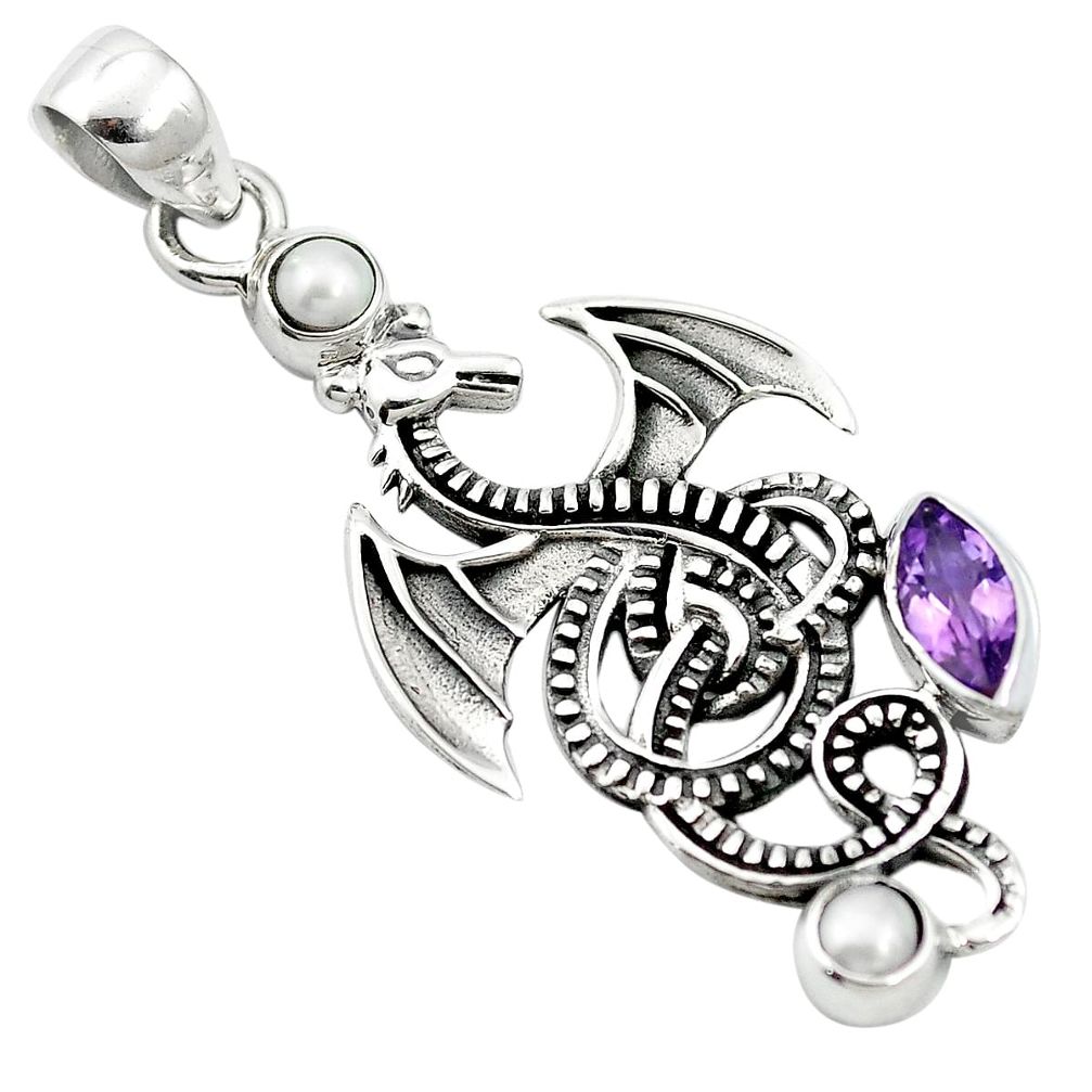 Natural purple amethyst pearl 925 sterling silver dragon pendant m79342