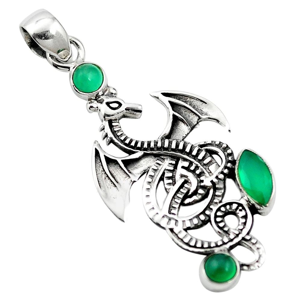 Natural green chalcedony 925 sterling silver dragon pendant m79347