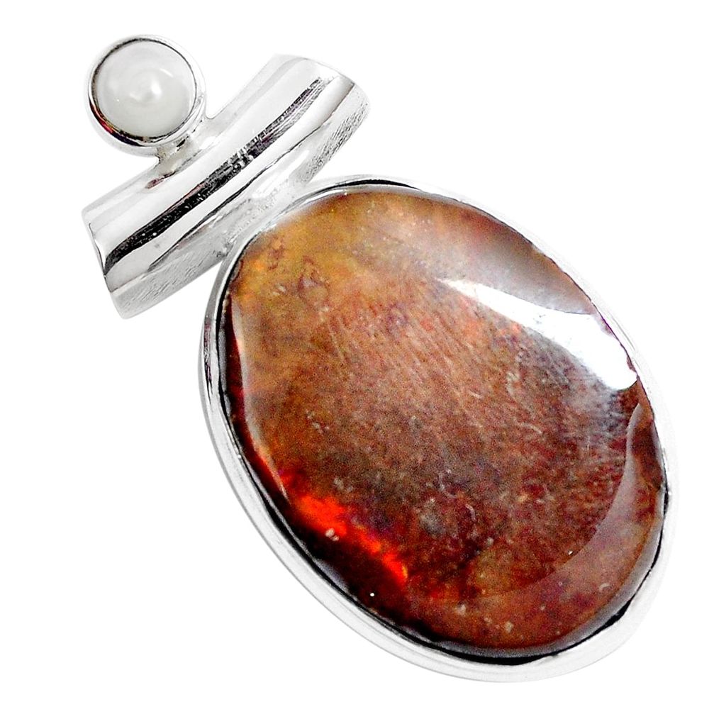 Natural multi color ammolite (canadian) white pearl 925 silver pendant m79472