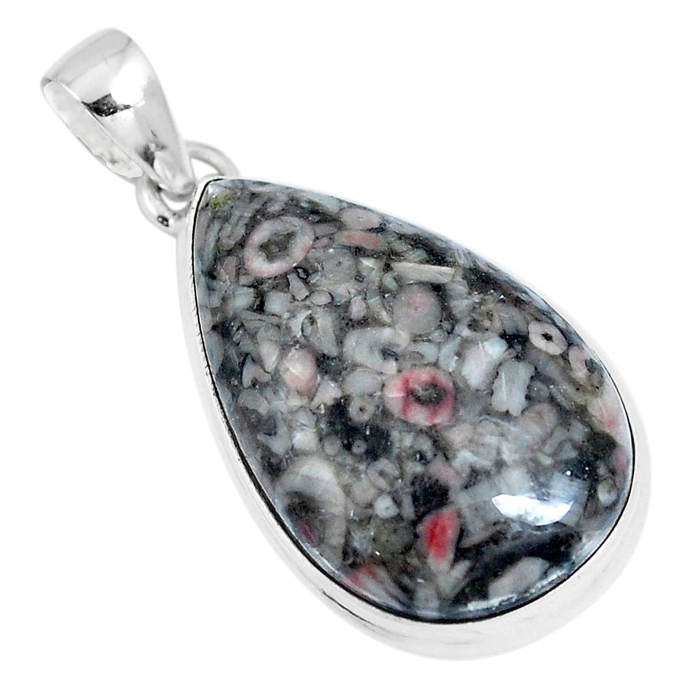 Natural black colus fossil pear 925 sterling silver pendant jewelry m79526