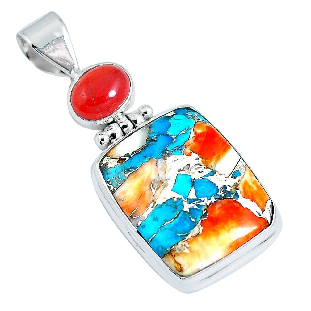 Multi color spiny oyster arizona turquoise cornelian 925 silver pendant m79635