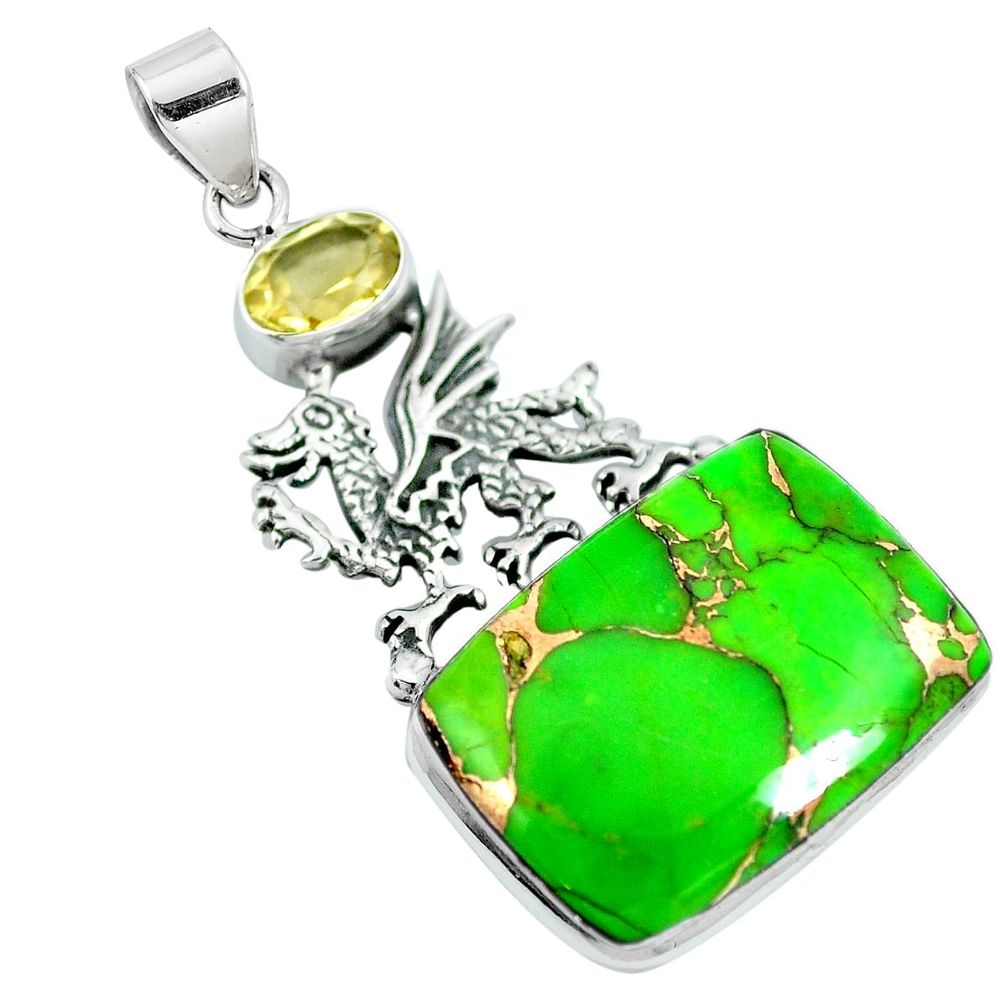 Green copper turquoise yellow citrine 925 silver dragon pendant m79654