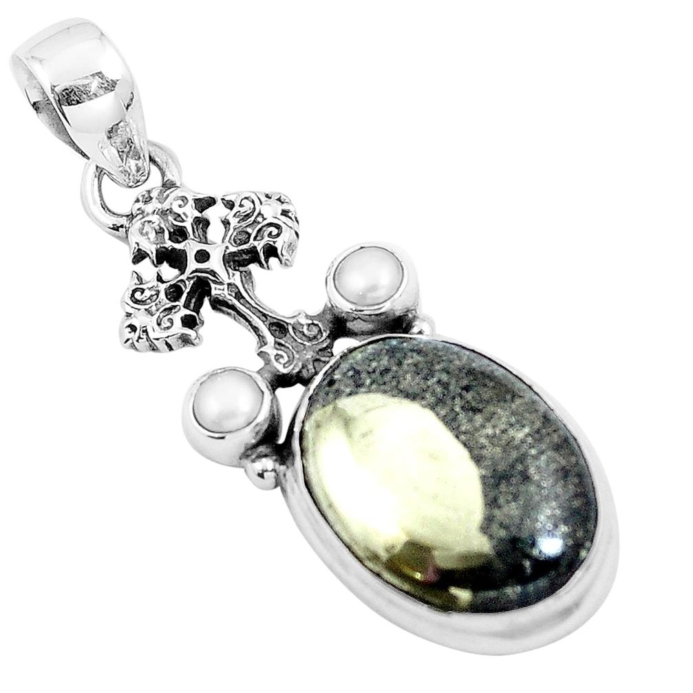 Natural pyrite in magnetite (healer's gold) 925 silver cross pendant m79677