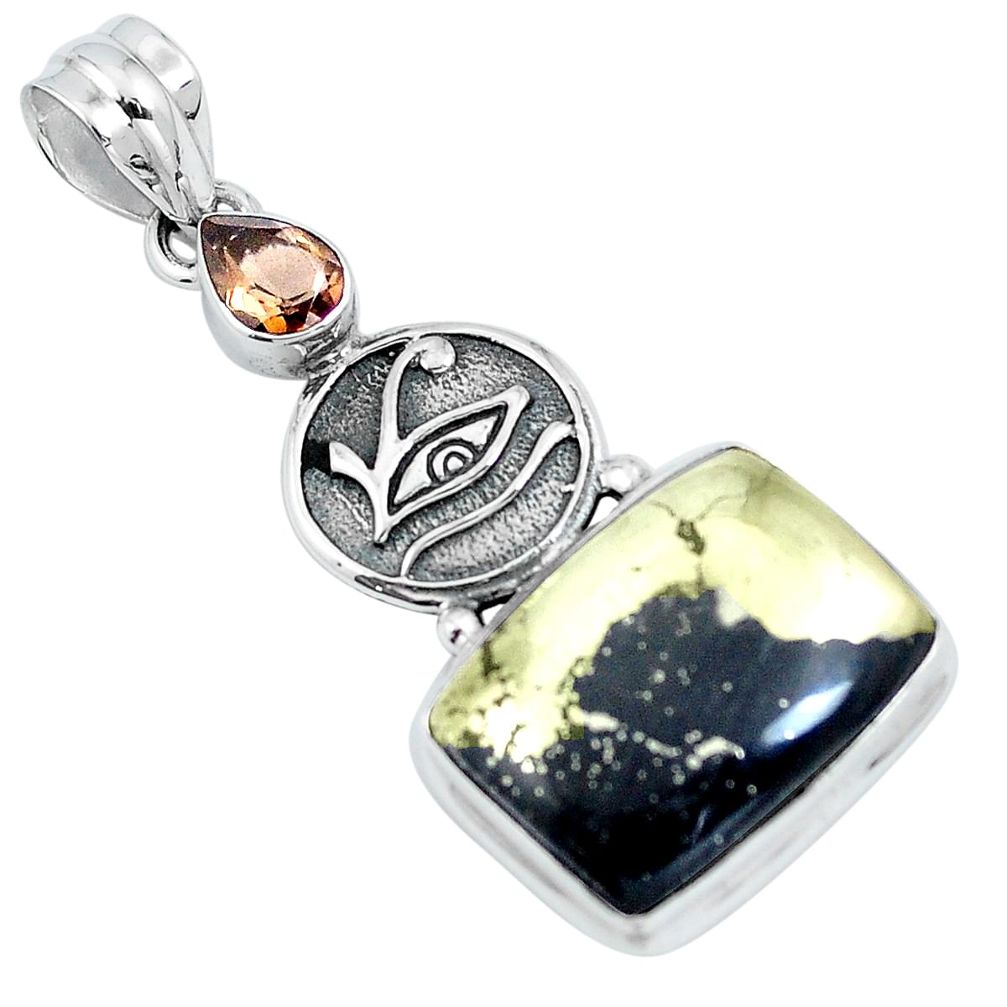 Natural golden pyrite in magnetite (healer's gold) 925 silver pendant m79678